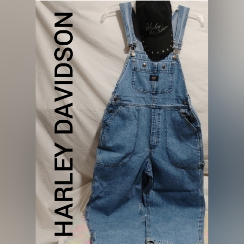 (BX19) SALE! Harley Davidson Denim Overalls & Harley Hat Bundle